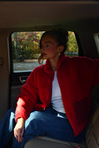 Women's premium red sherpa fleece jacket made in the USA