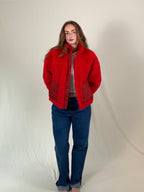 Women's premium red sherpa fleece jacket made in the USA