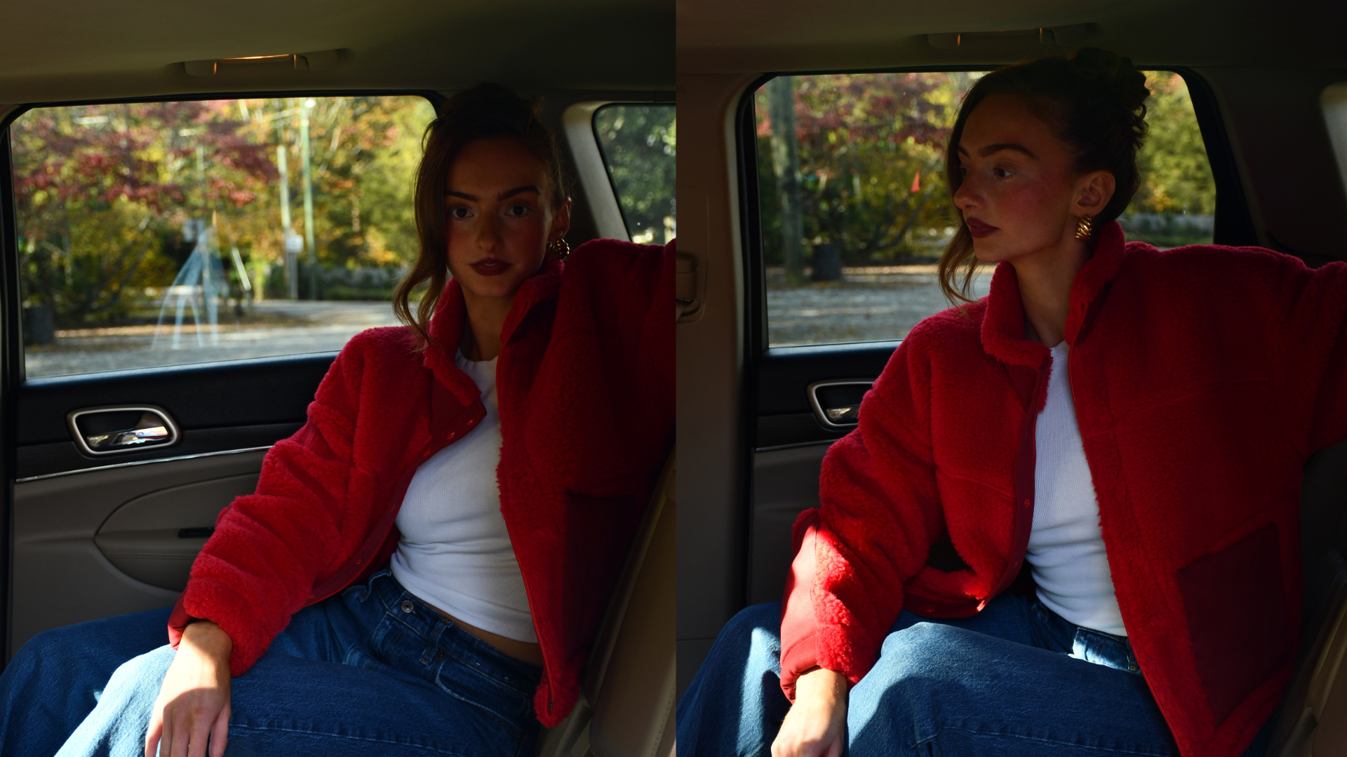 Women's clothing brand. Red sherpa jacket for winter. Red sherpa jacket for going out. High quality jacket. Thick red jacket. Fuzzy red winter jacket. 